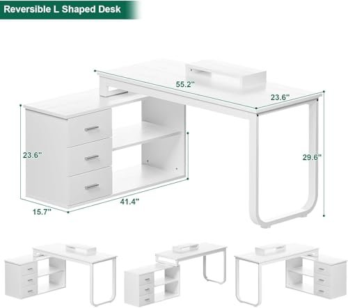 MaverickFurni 55" White Desk with Drawers and Shelves