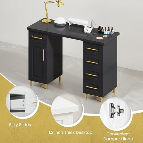 MaverickFurni - MaverickFurni Black and Gold Nail Tech Desk with Drawers