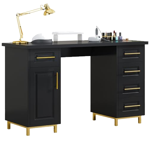 MaverickFurni Black and Gold Nail Tech Desk with Drawers